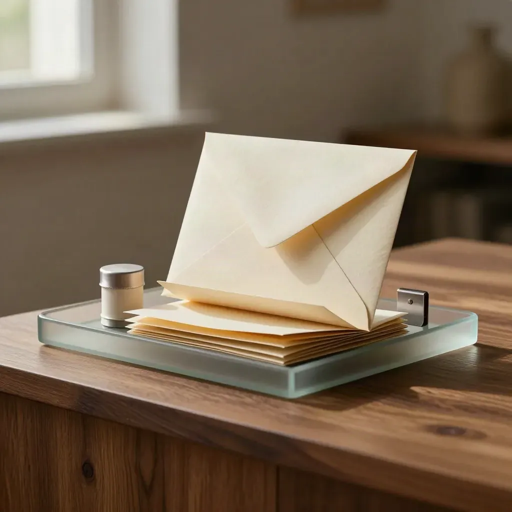 Nested envelopes and tray on walnut plinth, soft daylight, premium email welcome flow hero