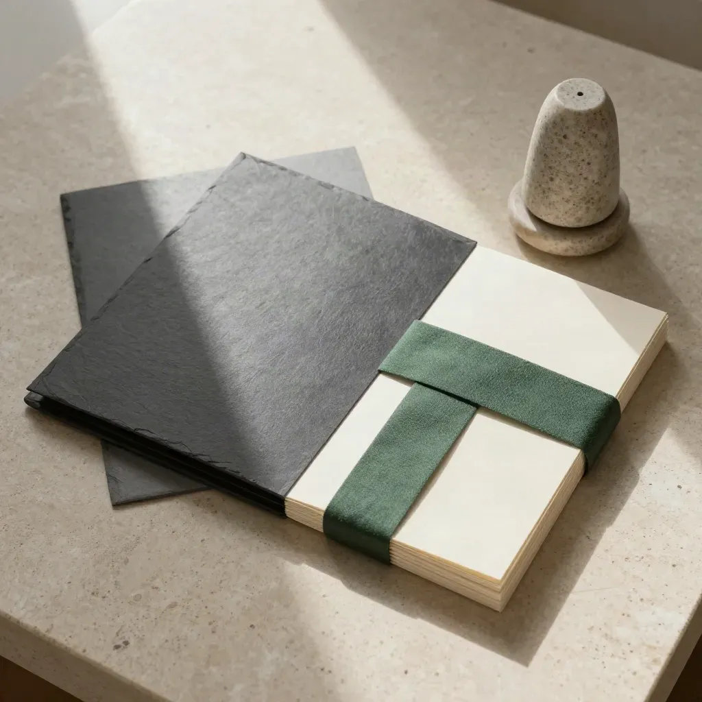 Overhead flatlay of a slate SEO retainer folder, stone weight and blank tabs on pale travertine.