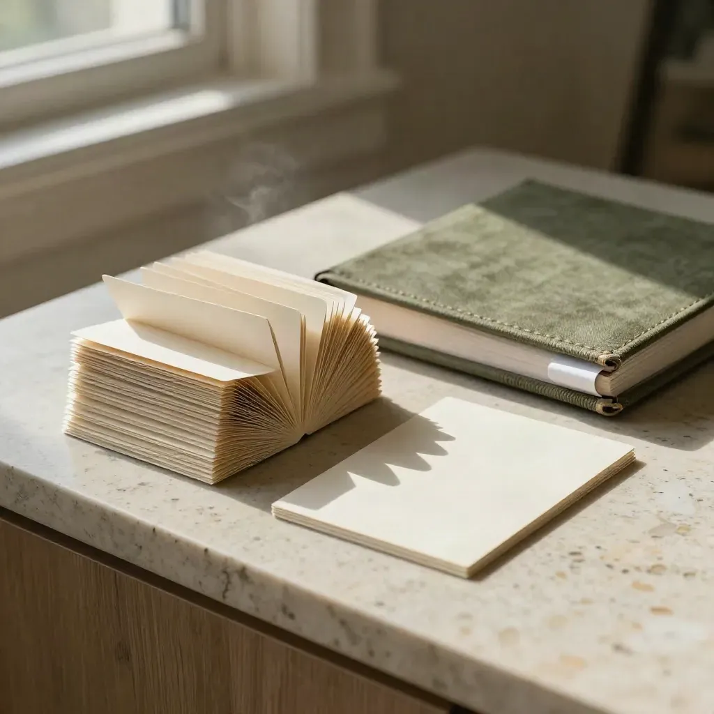 Homepage copy pack with cream cards, linen notebook, and white paperweight on stone.