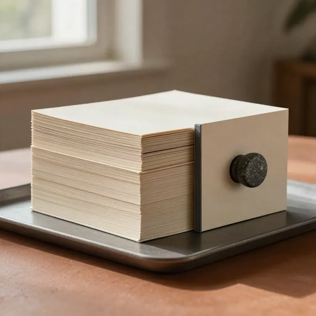 Three stacked content boards, cream sleeve and stone weight on a terracotta plinth.