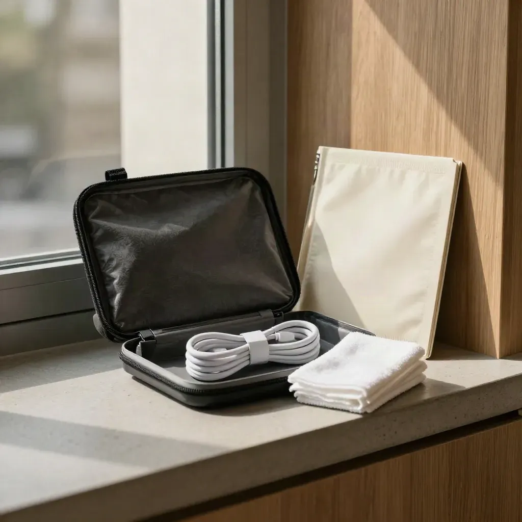 Premium website care plan kit with protective cover, coiled cable, cloth wrap and sleeve on a concrete shelf.