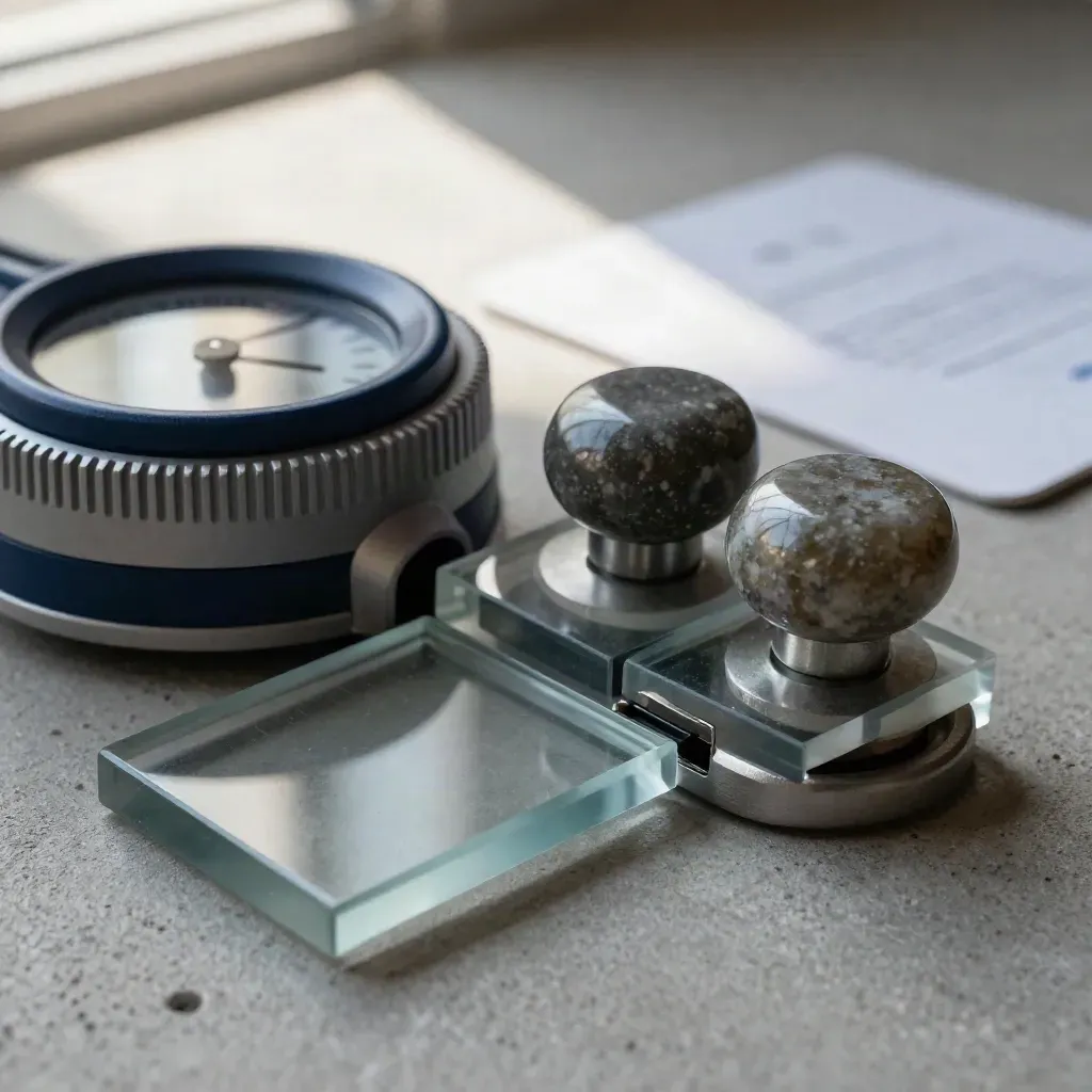 Translucent analytics tiles, timer dial and pebble weights on cool concrete.