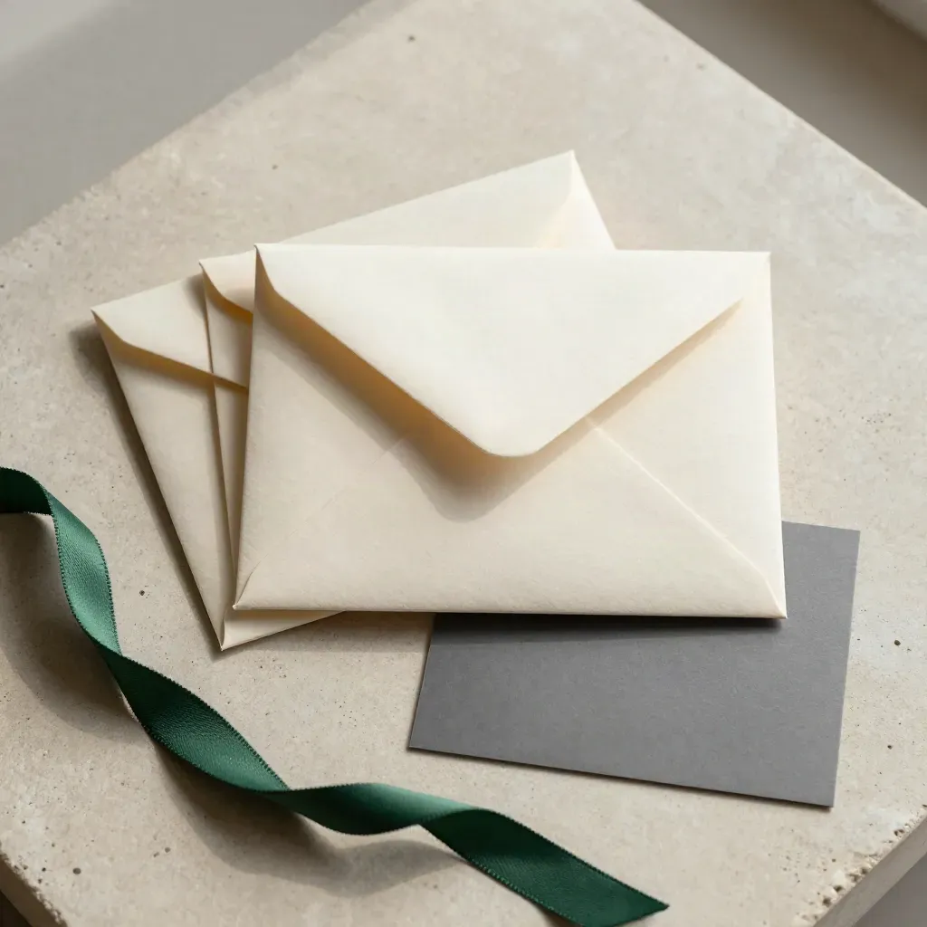 Three folded envelopes with a loosened green ribbon on a pale stone slab, overhead flatlay.