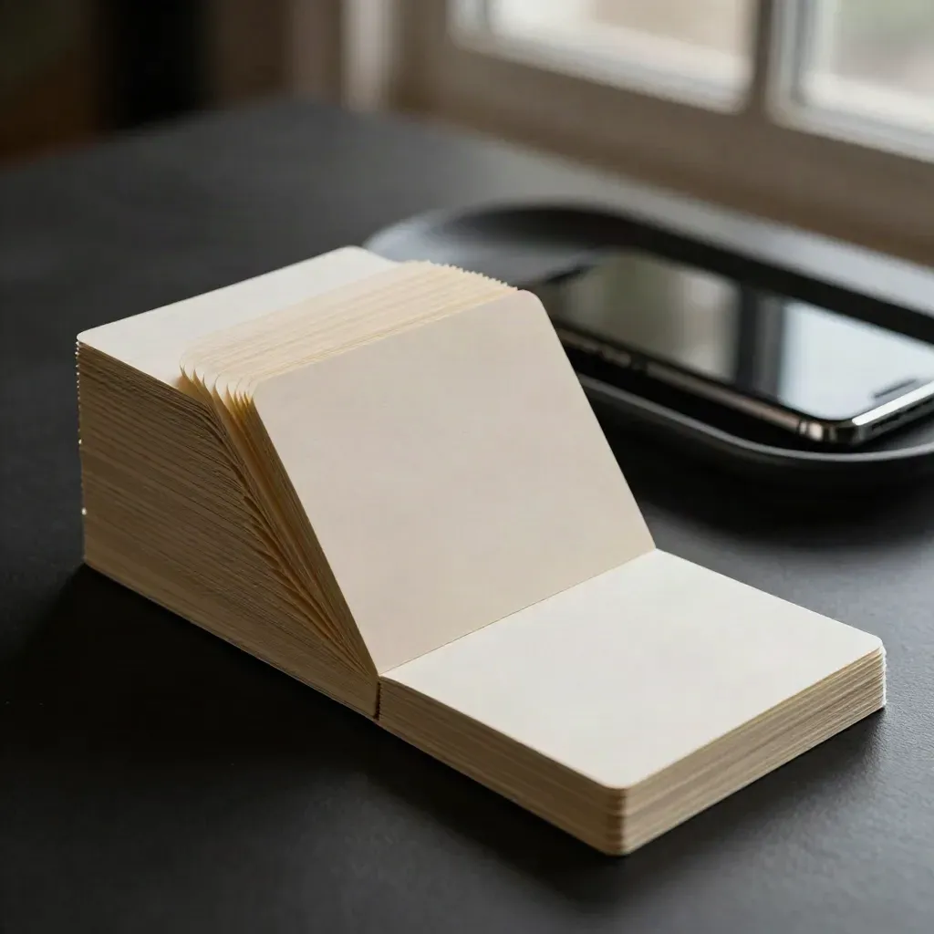 Macro of a social content planning kit with stepped cards, tray and black slab.