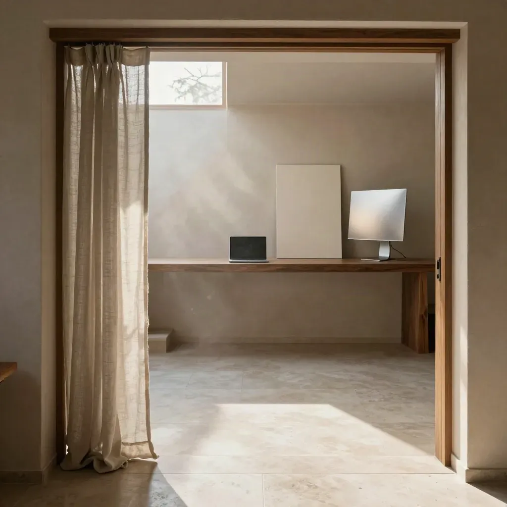 Sunlit pale-stone studio with timber lintel, linen curtain and calm copy space