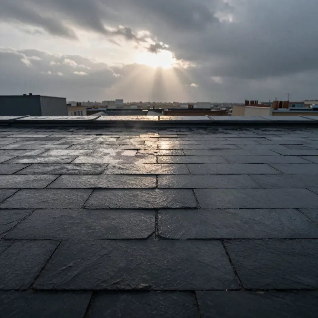 Rain-wet stone rooftop with skyline reflections and calm copy space