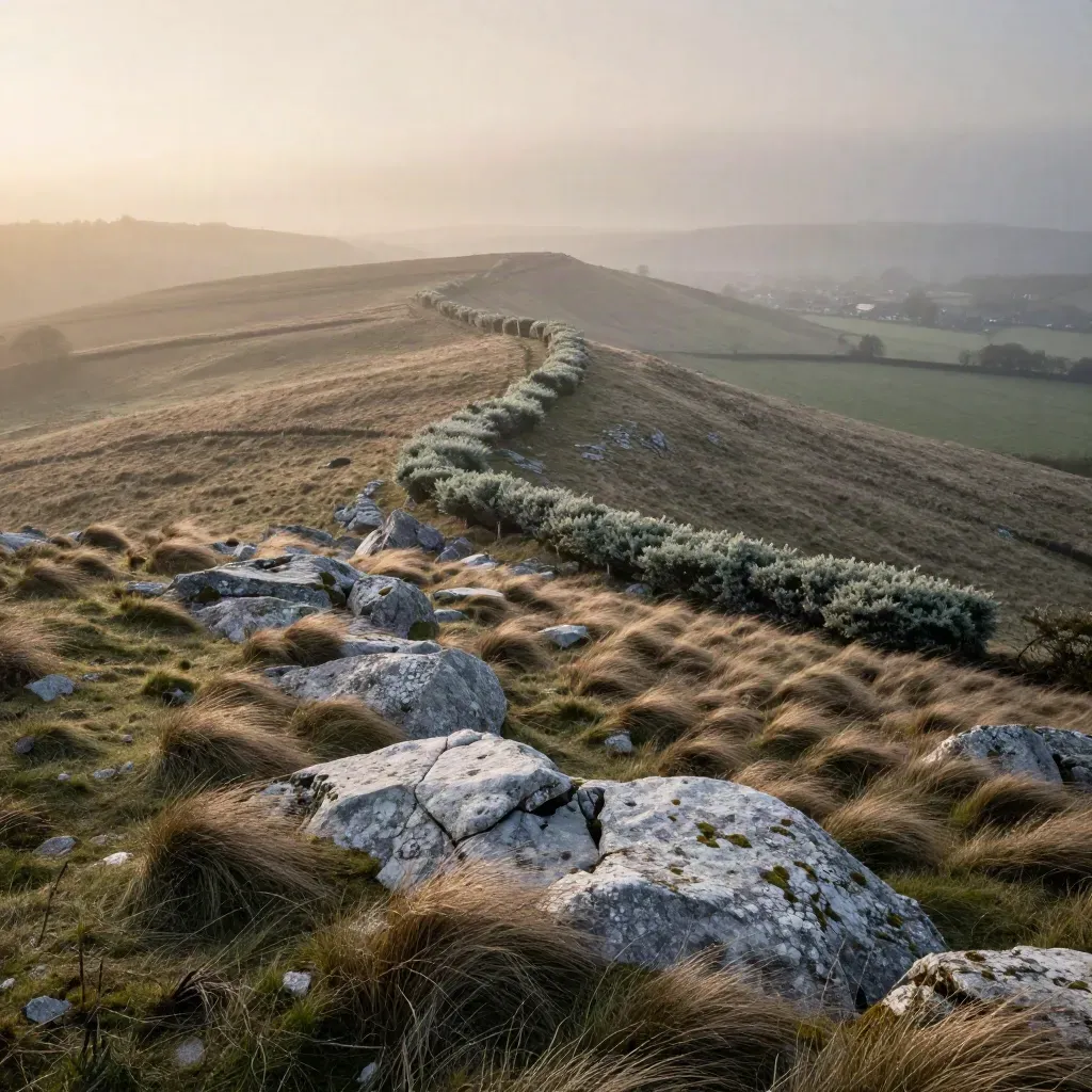 Misty chalk hillside with hedgerow and distant town glow above open haze