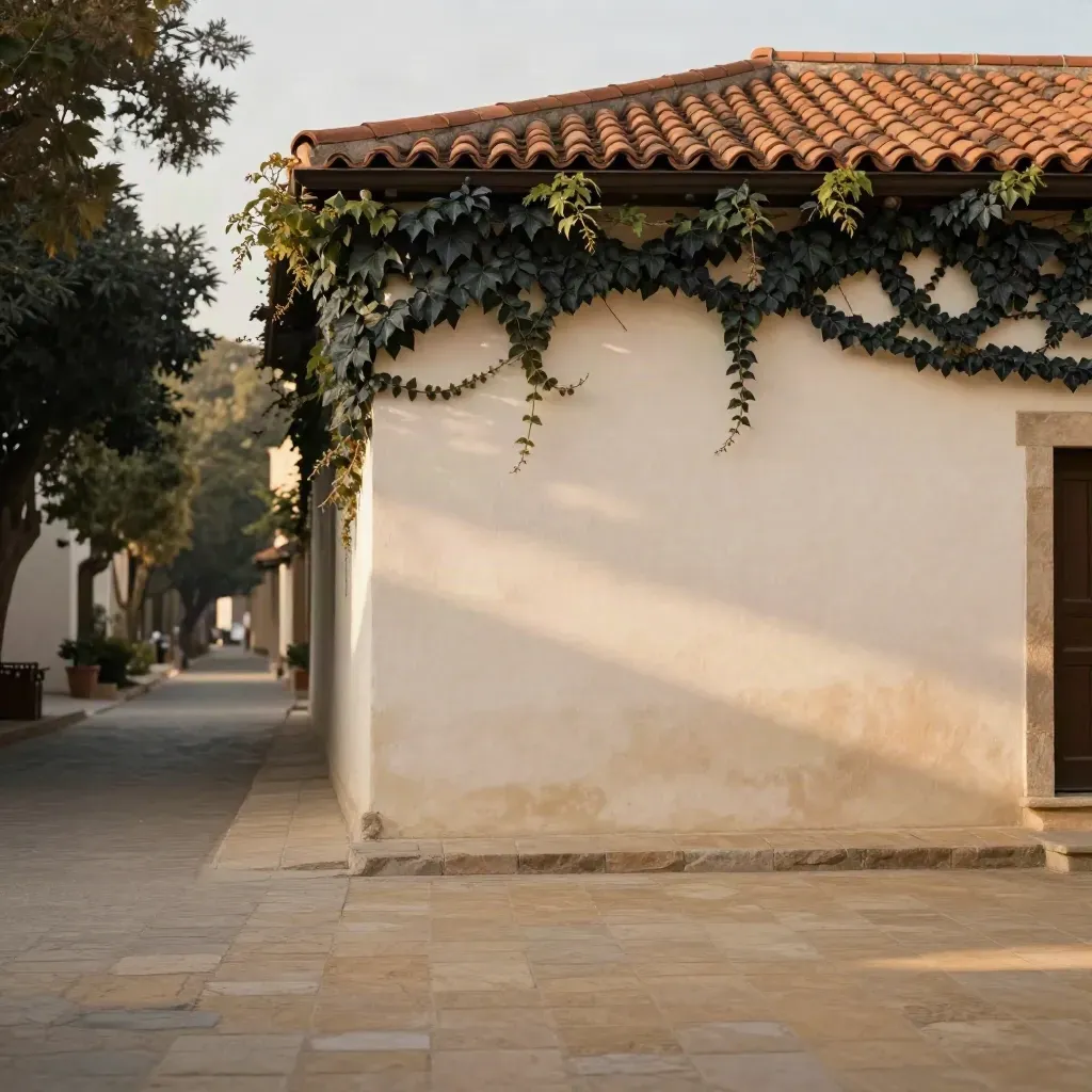 Golden courtyard with pale plaster, terracotta roofline and ivy above calm paving for copy.
