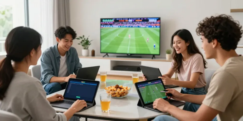 Friends enjoying a sports betting experience at home via 9BET platform, filled with excitement and camaraderie.