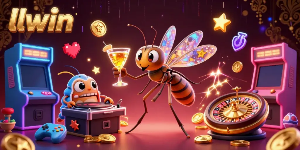 Engage and win at llwin with a lively casino scene featuring a unique amber mosquito mascot.