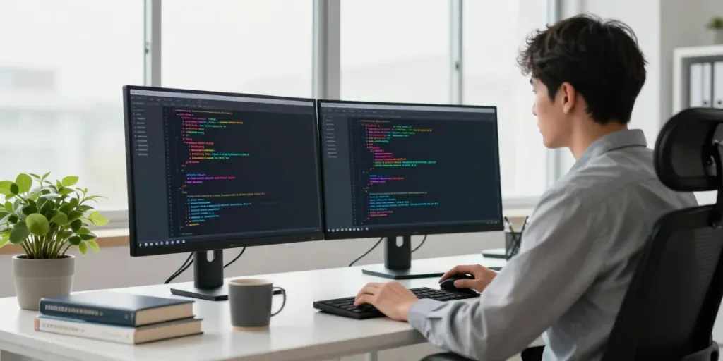 Instant indexing tools in a modern tech workspace with developer focused on coding screens.