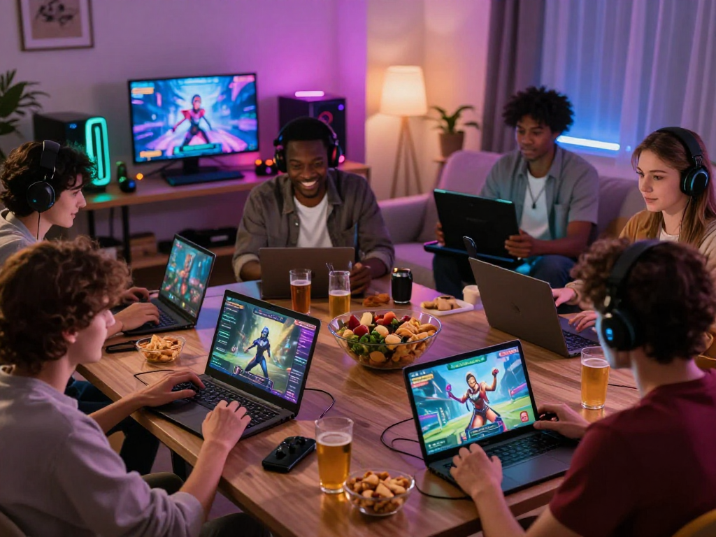 Exciting gaming scene with adults playing real porn games on laptops and tablets, showcasing immersive interactive experiences.