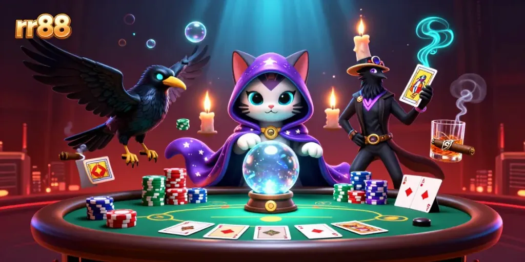 Experience immersive gameplay with rr88's vibrant 3D casino scene showcasing poker excitement.