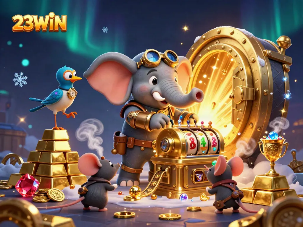 Spin the 23WIN slot machine with the steampunk elephant engineer amid riches and gems.