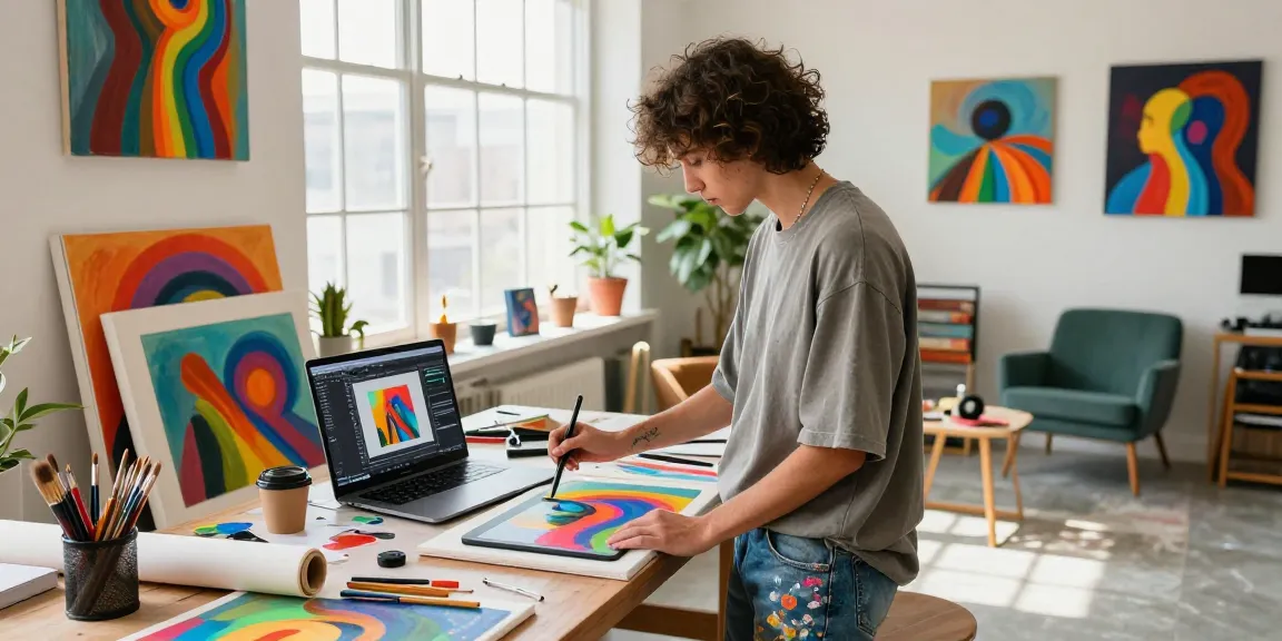 Artist creating AI-generated artwork in a colorful studio, reflecting ai nsfw themes with vibrant canvases.