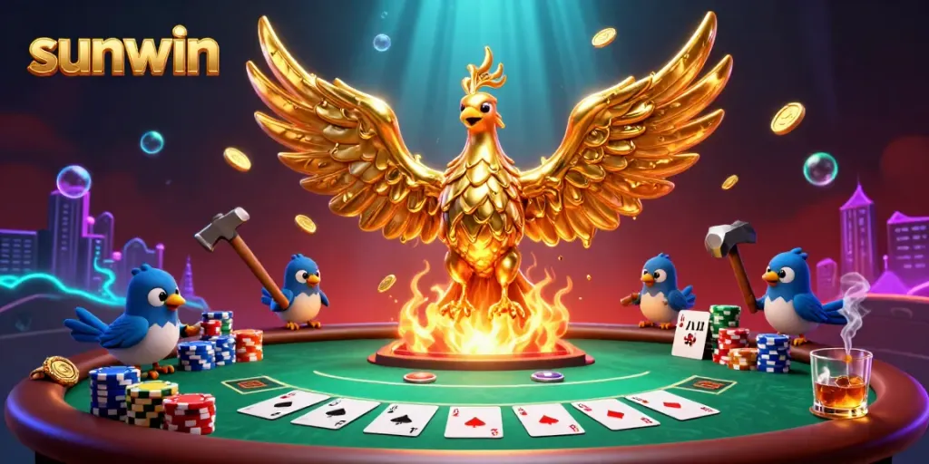 Experience thrilling poker action at sunwin with a dynamic phoenix surrounded by vibrant casino elements.