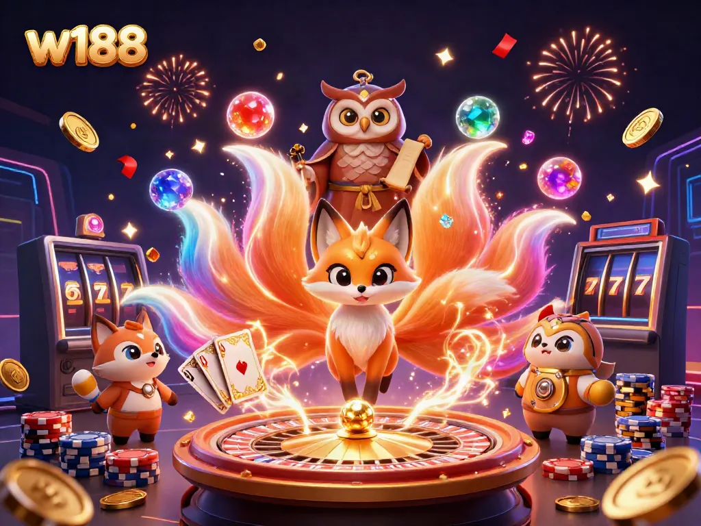 Engage with vibrant w188 gaming action featuring a nine-tailed fox spirit amidst casino excitement.