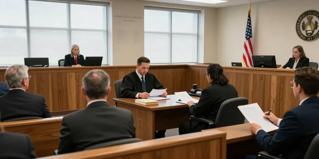 Courtroom scene at Cherokee County GA DUI court showing judge and defense attorney during proceedings.