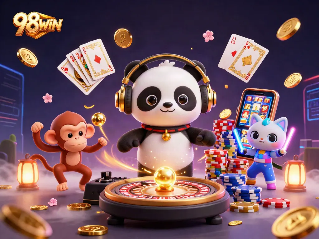 Spin to win with 98WIN, enjoy vibrant casino action featuring colorful characters and games.