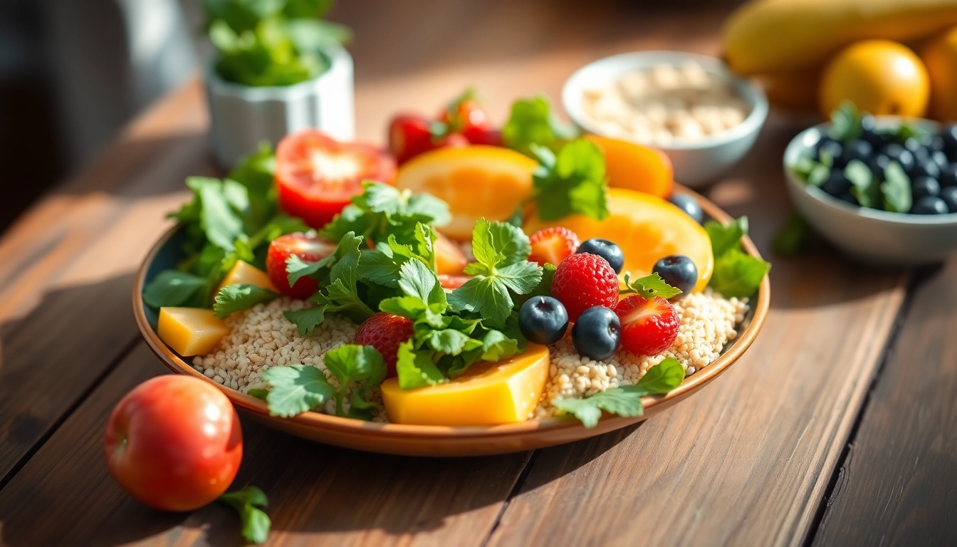 Freshly prepared healthy food platter showcasing a variety of nutritious fruits, vegetables, and grains.