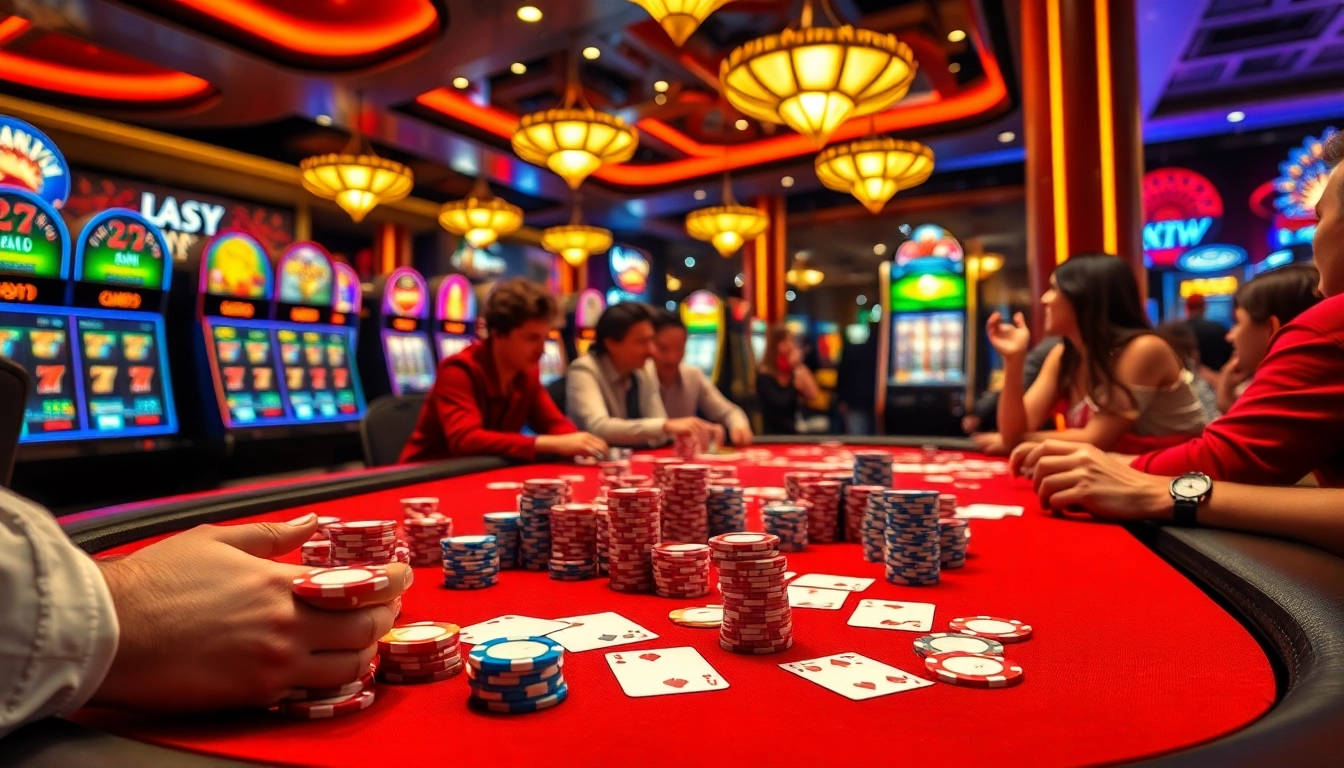 Experience the thrill of game bài đổi thưởng at a luxurious casino table with players enjoying high-stakes poker action.