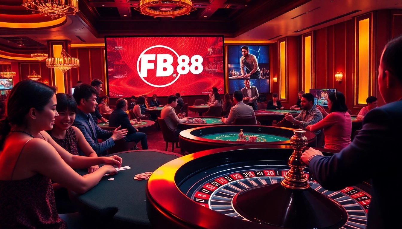 Experience the excitement of FB 88 as players engage with thrilling casino games and vibrant roulette wheels.