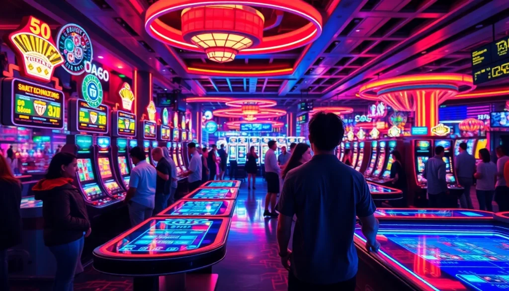 A vibrant futuristic casino floor showcasing New Technology with holographic machines and digital interfaces.