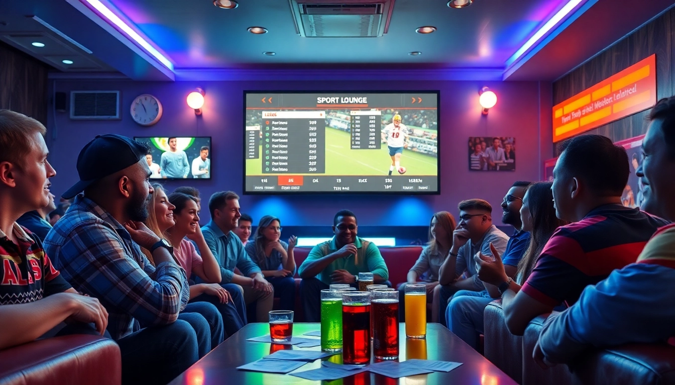 Experience the thrill of betting at https://ii69vn.com/ with lively sports enthusiasts in a modern lounge setting.