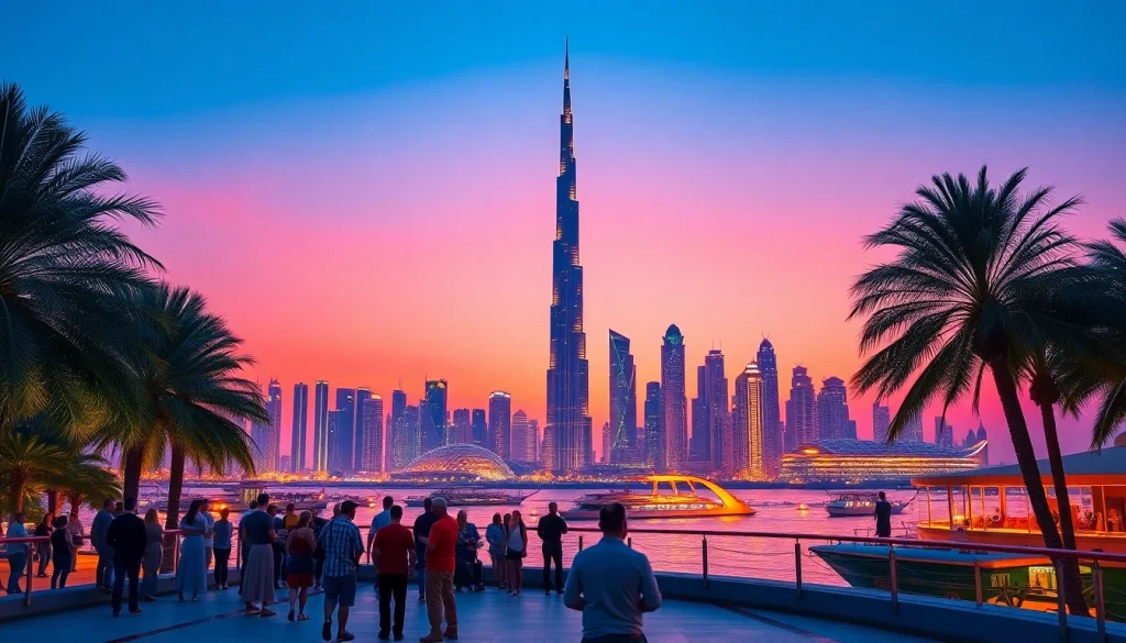 Experience the dazzling skyline and tourist excitement when you travel to Dubai at sunset.