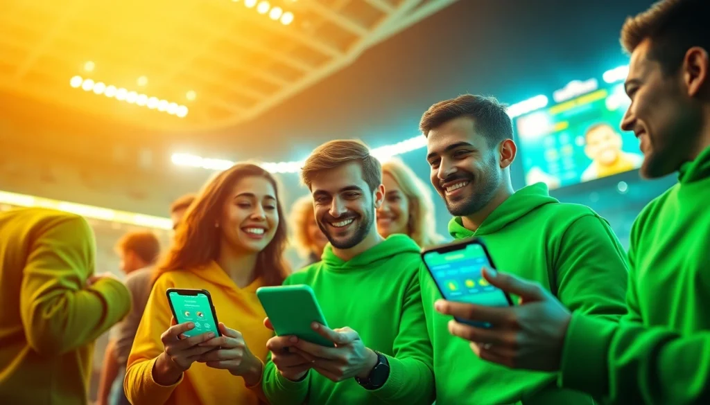 Engaged users experiencing gamification marketing in sports betting with app interface and rewards.