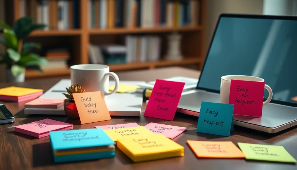 Bright and colorful custom sticky notes showcasing motivational phrases in a creative workspace setup.