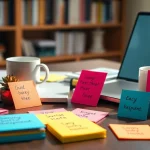 Bright and colorful custom sticky notes showcasing motivational phrases in a creative workspace setup.