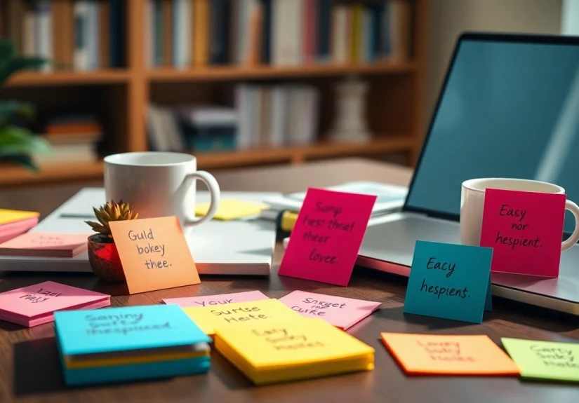 Bright and colorful custom sticky notes showcasing motivational phrases in a creative workspace setup.