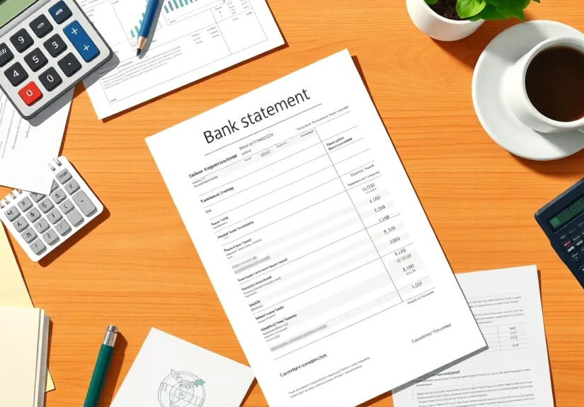 A close-up view of a bank statement on a desk, highlighting financial transactions and organization.