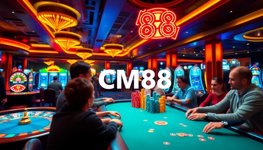CM88 casino scene showcasing players at poker tables and slot machines illuminated with vibrant lights.