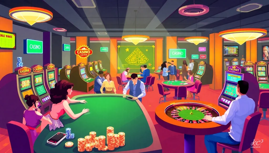 KJC AC 3 vibrant casino scene with lively games and players.