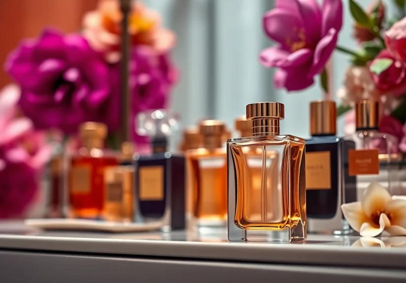 Showcase of a luxury perfume dupe website featuring elegant bottles and rich textures.