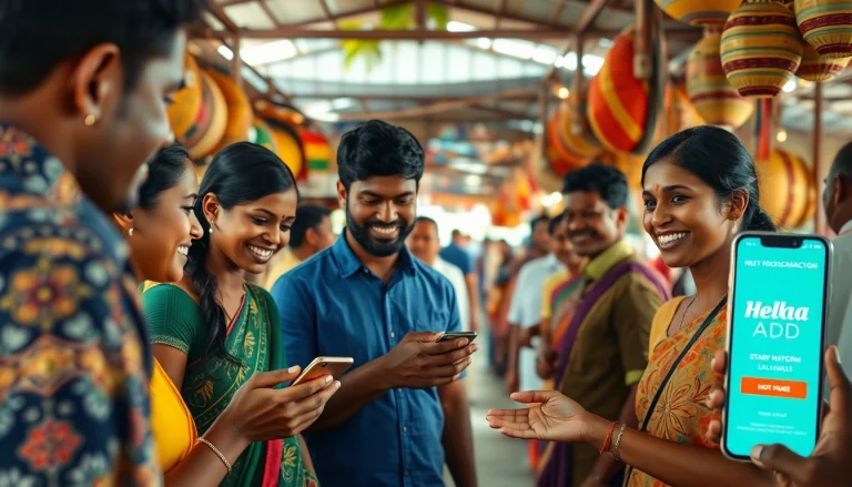 Engaging scene of people using Hela Add in a vibrant Sri Lankan marketplace.
