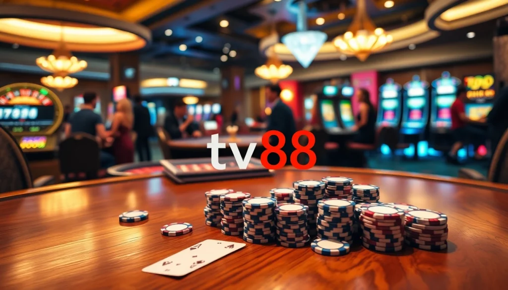tv88 players enjoying high-stakes poker in an elegant casino atmosphere