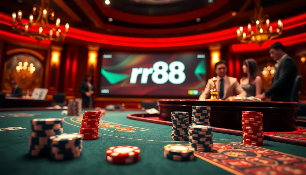 rr88 players enjoying a vibrant casino atmosphere with poker chips and a roulette wheel.