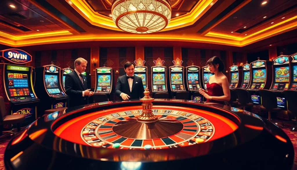 Experience thrilling gameplay at 9WIN featuring a luxurious roulette table and exciting slot machines.