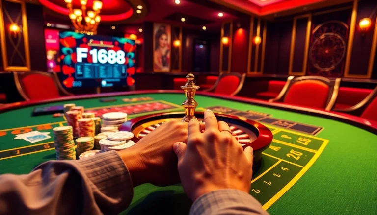 F168 casino table showcasing poker chips and cards in a luxurious setting.