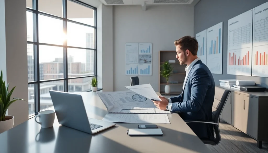 Księgowość dla firmy budowlanej w nowoczesnym biurze; księgowy przeglądający dokumenty i plany budynków.