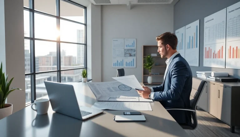 Księgowość dla firmy budowlanej w nowoczesnym biurze; księgowy przeglądający dokumenty i plany budynków.