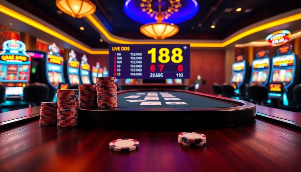 Playing poker with high stakes at https://f168.news/ casino table surrounded by vibrant lights and chips.