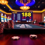 Playing poker with high stakes at https://f168.news/ casino table surrounded by vibrant lights and chips.