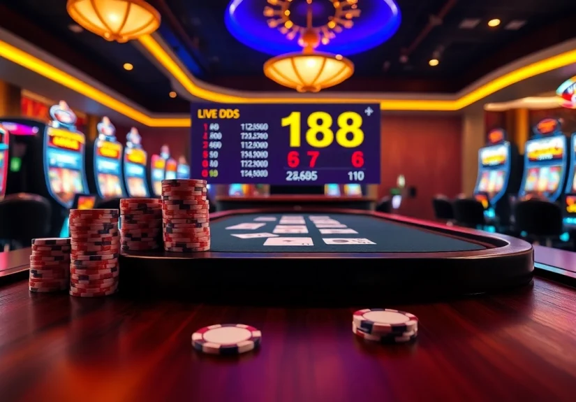 Playing poker with high stakes at https://f168.news/ casino table surrounded by vibrant lights and chips.