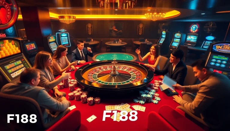 Players enjoying a thrilling roulette game at f168info.com, surrounded by colorful casino elements and excitement.