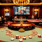 Engaging gambling scene at nhà cái sv66 with poker chips and roulette, vibrant and professional.