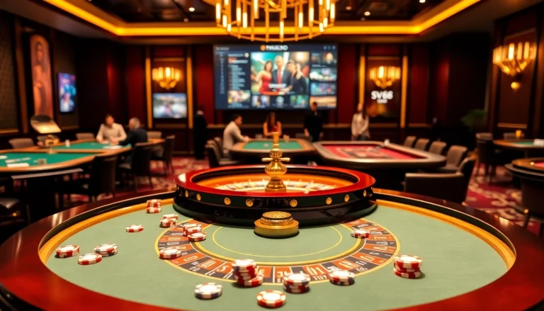 Engaging gambling scene at nhà cái sv66 with poker chips and roulette, vibrant and professional.